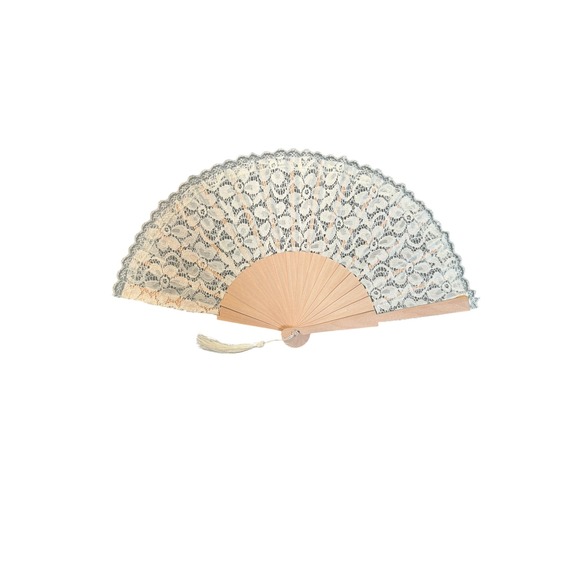 Accessories - White Lace Folding Hand Fan Natural Wood Ribs with Tassel Accessory